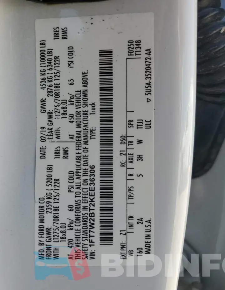 1FT7W2BT2KEE36306 Photo# 12