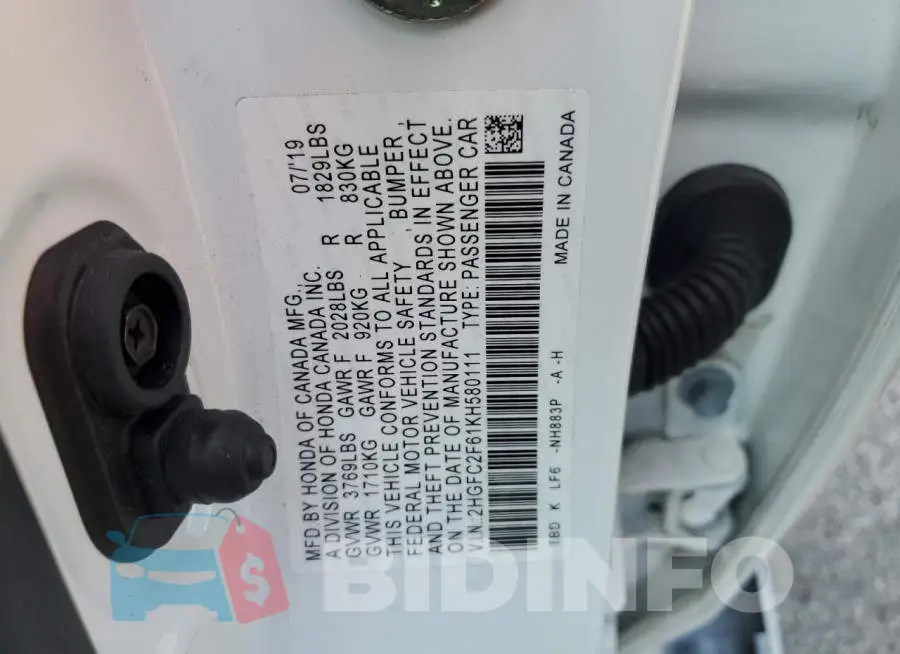 2HGFC2F61KH580111 Photo# 12
