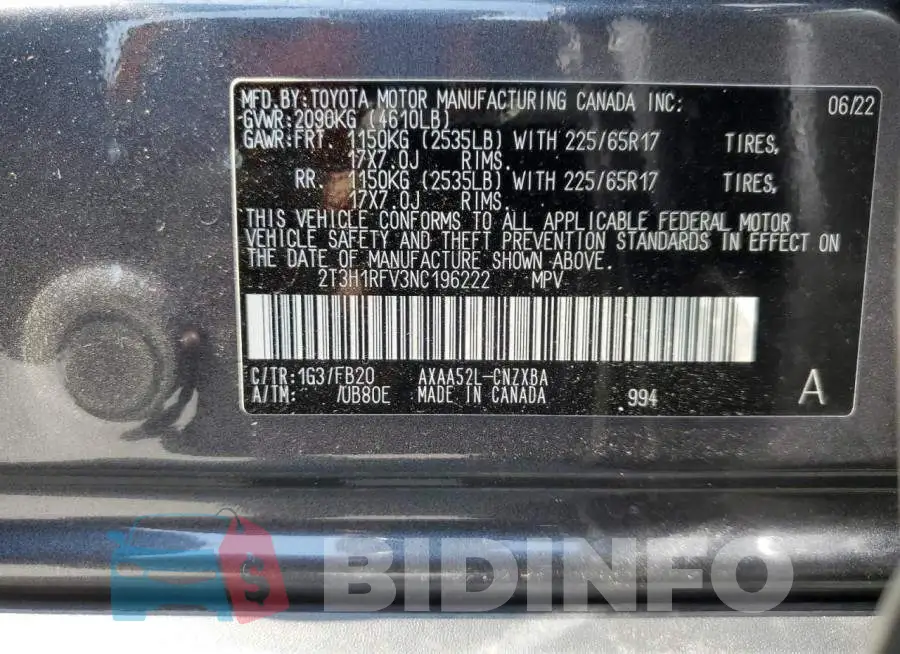 2T3H1RFV3NC196222 Photo# 13