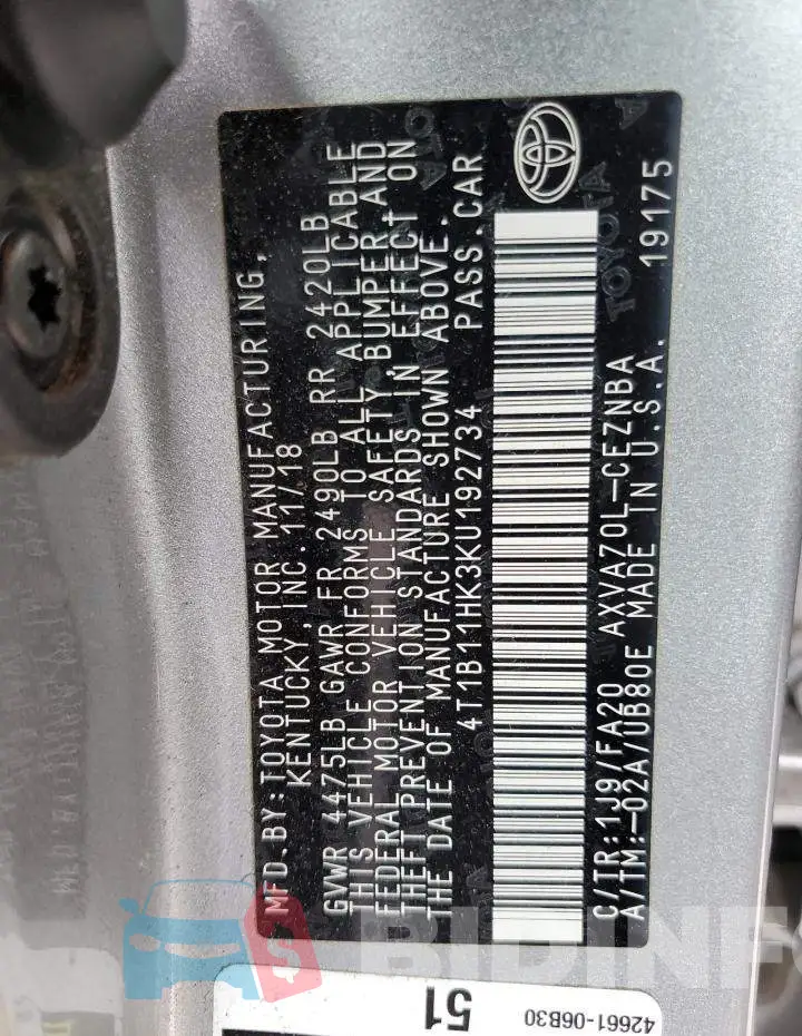 4T1B11HK3KU192734 Photo# 13