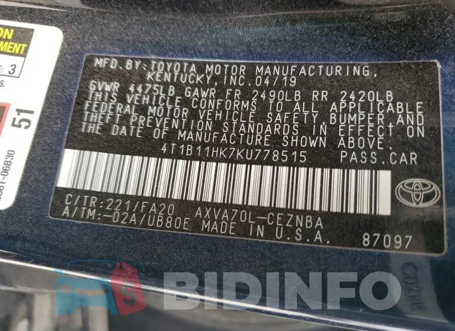 4T1B11HK7KU778515 Photo# 12