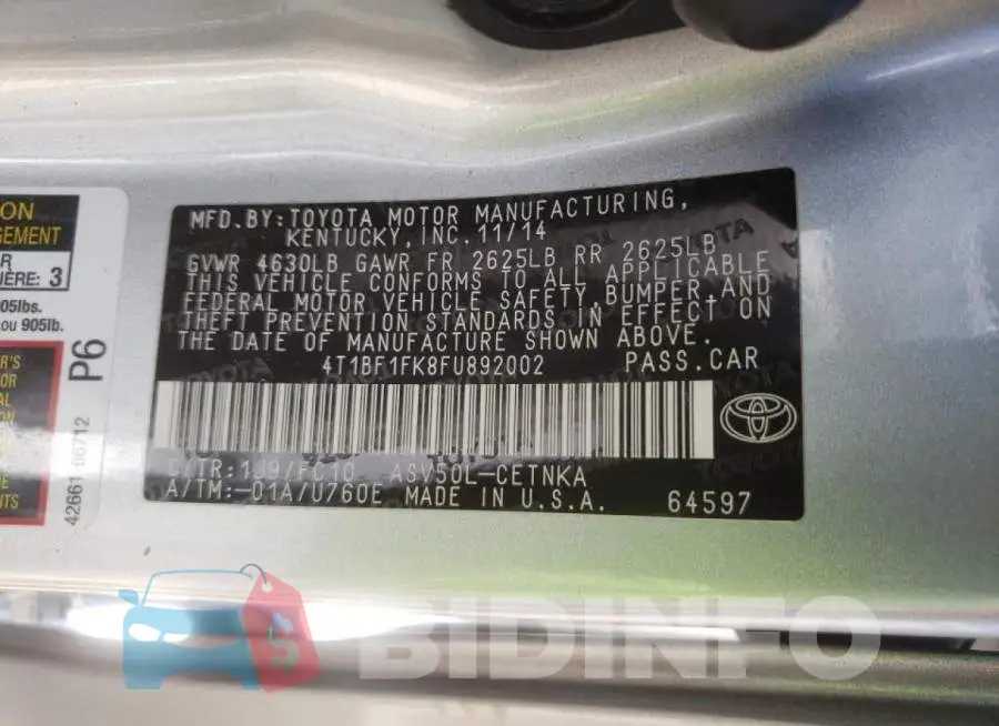 4T1BF1FK8FU892002 Photo# 13
