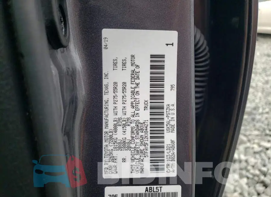 5TFAY5F12KX844271 Photo# 12