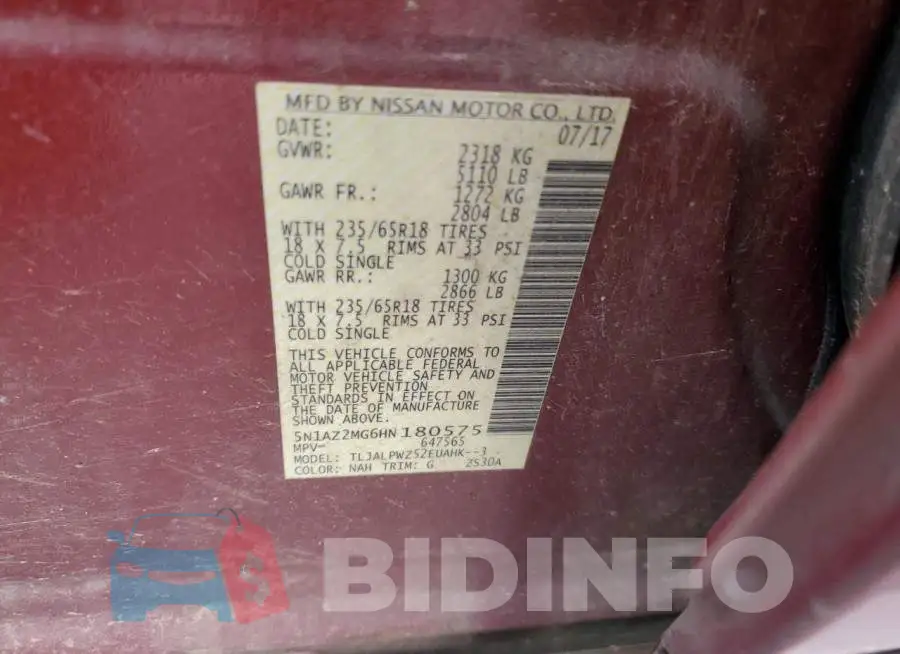 5N1AZ2MG6HN180575 Photo# 13