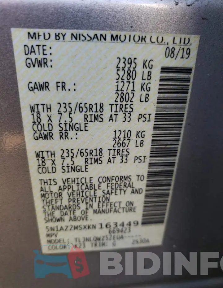 5N1AZ2MSXKN163449 Photo# 13