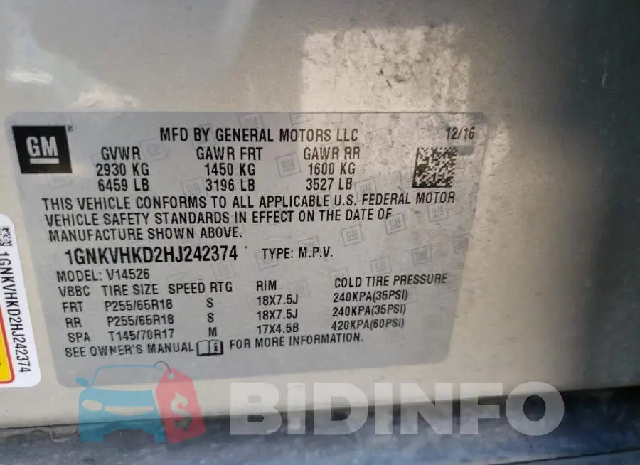 1GNKVHKD2HJ242374 Photo# 13