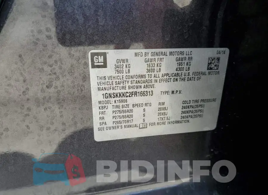 1GNSKKKC2FR166313 Photo# 12