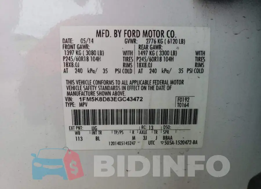 1FM5K8D83EGC43472 Photo# 13
