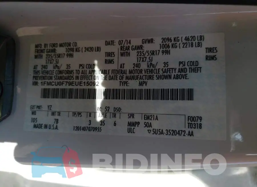 1FMCU0F79EUE15092 Photo# 13