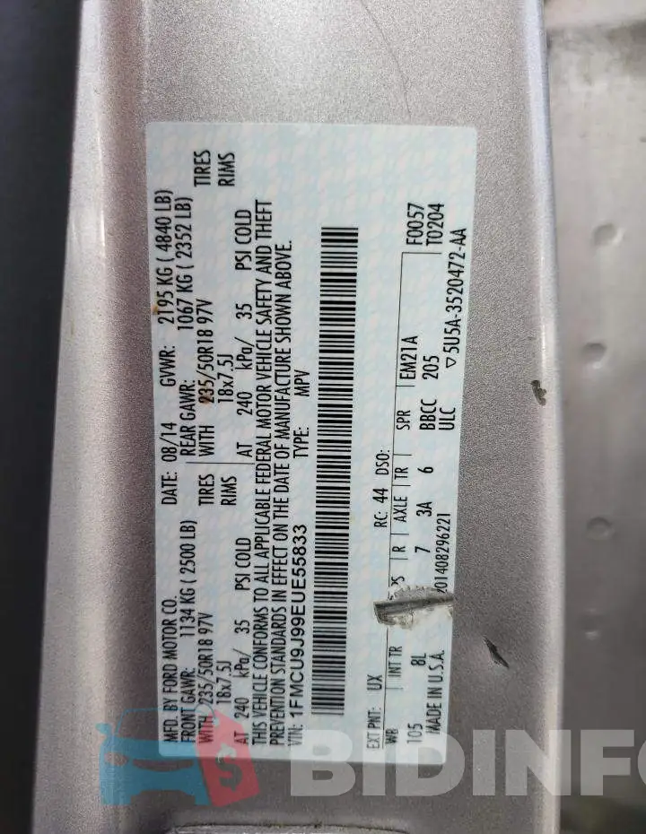 1FMCU9J99EUE55833 Photo# 12