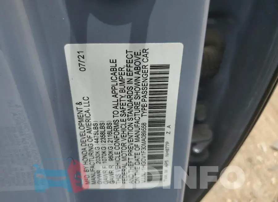 1HGCV1F30MA089558 Photo# 12