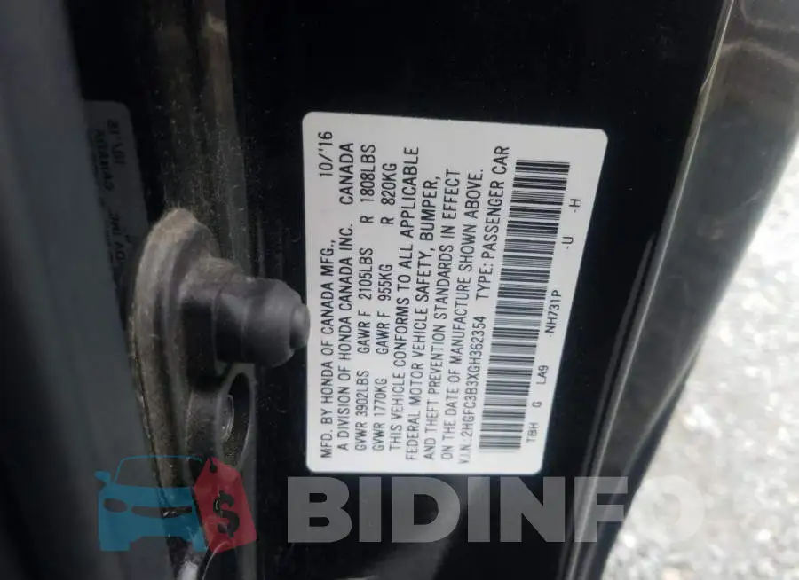 2HGFC3B3XGH362354 Photo# 14