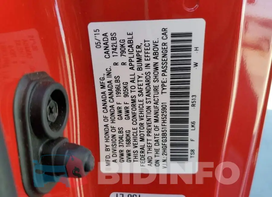 2HGFG3B51FH525901 Photo# 12