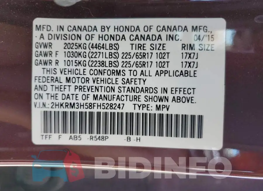 2HKRM3H58FH528247 Photo# 14