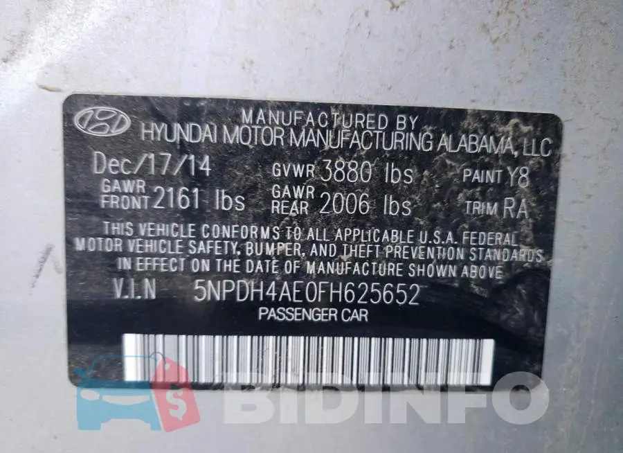 5NPDH4AE0FH625652 Photo# 12