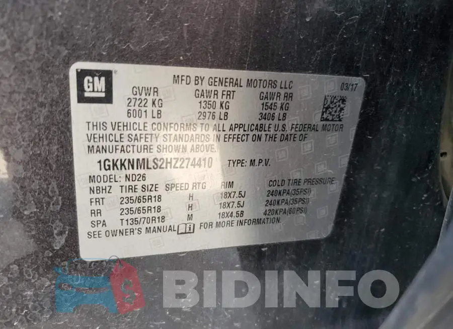 1GKKNMLS2HZ274410 Photo# 13