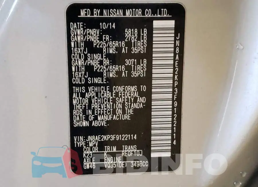 JN8AE2KP3F9122114 Photo# 14