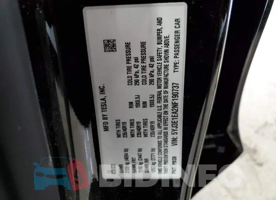 5YJ3E1EA2NF190737 Photo# 12