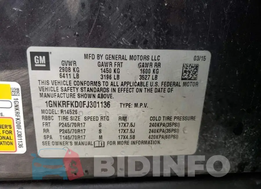 1GNKRFKD0FJ301136 Photo# 12