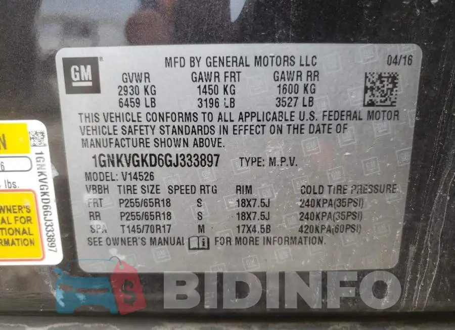 1GNKVGKD6GJ333897 Photo# 13