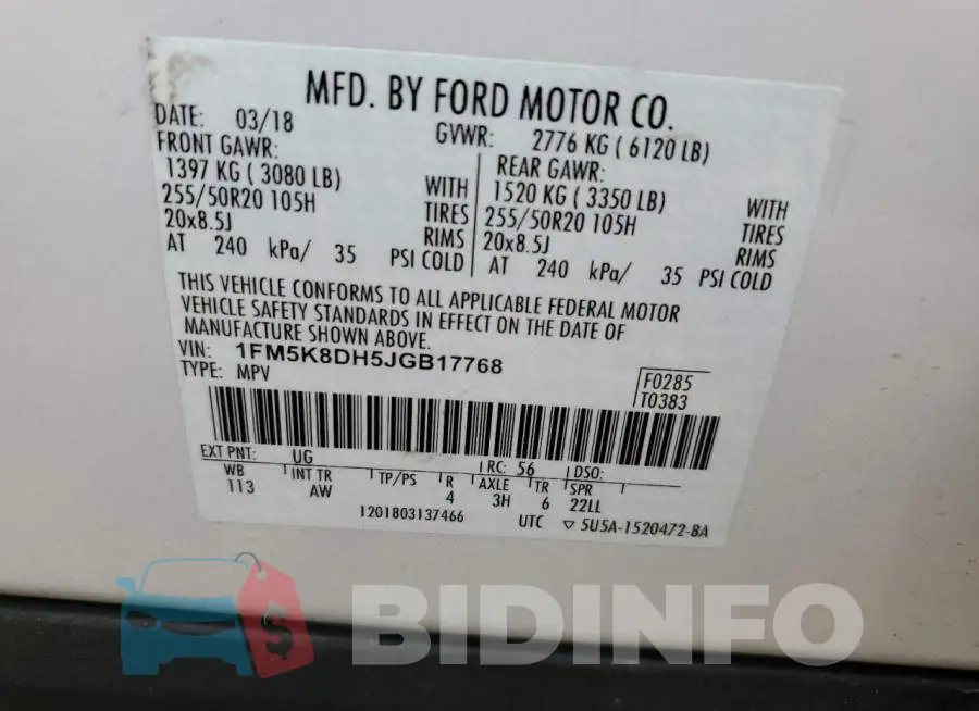 1FM5K8DH5JGB17768 Photo# 13