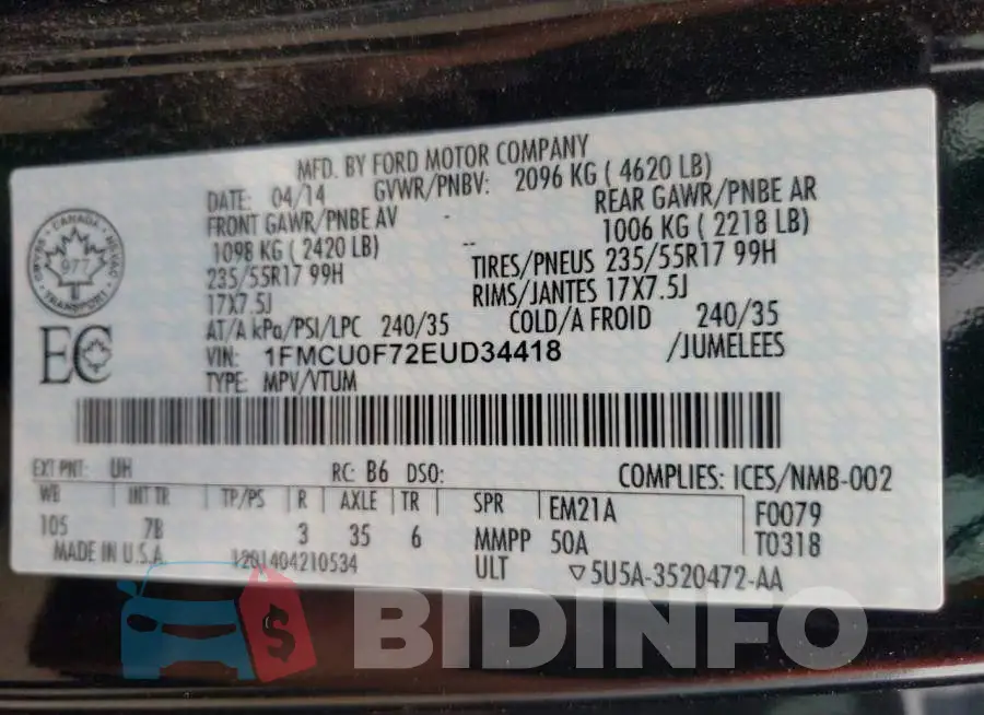1FMCU0F72EUD34418 Photo# 14