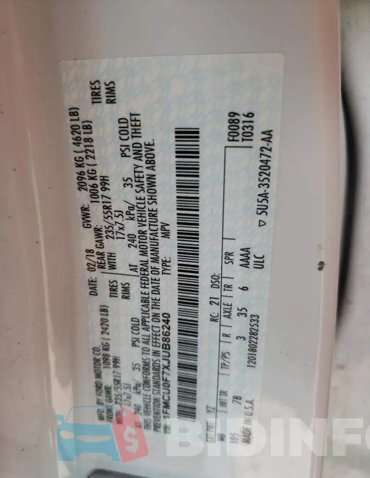 1FMCU0F7XJUB86240 Photo# 13