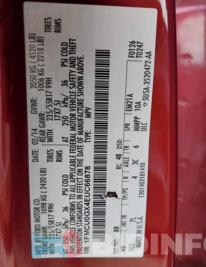 1FMCU0GX4EUC66878 Photo# 13