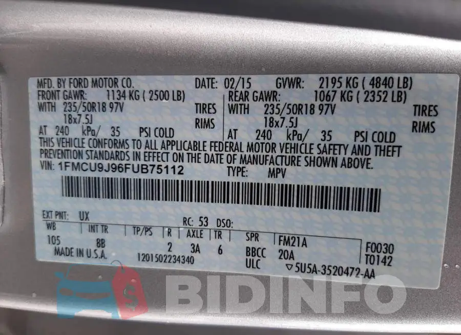 1FMCU9J96FUB75112 Photo# 10