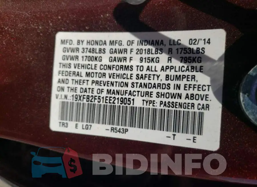 19XFB2F51EE219051 Photo# 12