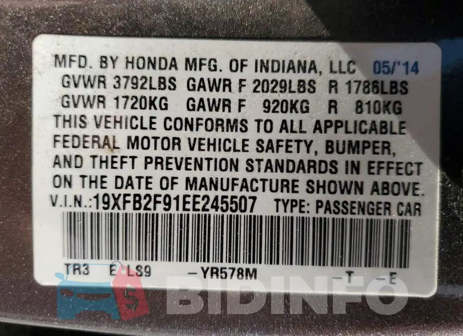 19XFB2F91EE245507 Photo# 13