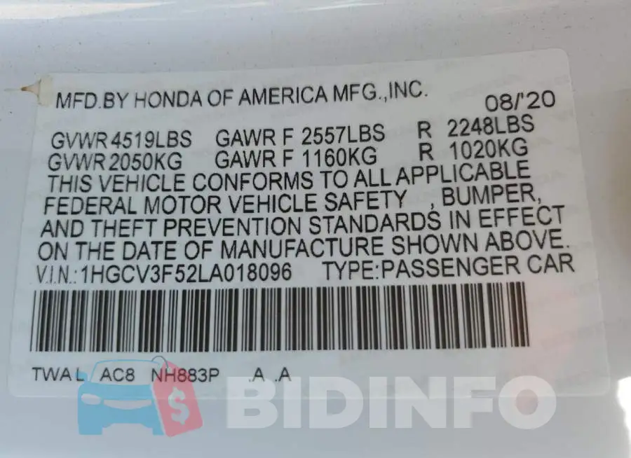 1HGCV3F52LA018096 Photo# 12