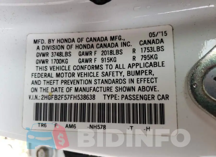 2HGFB2F57FH538638 Photo# 13