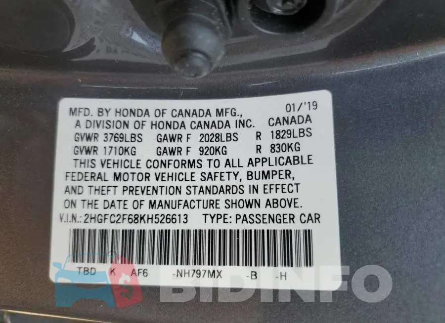 2HGFC2F68KH526613 Photo# 12