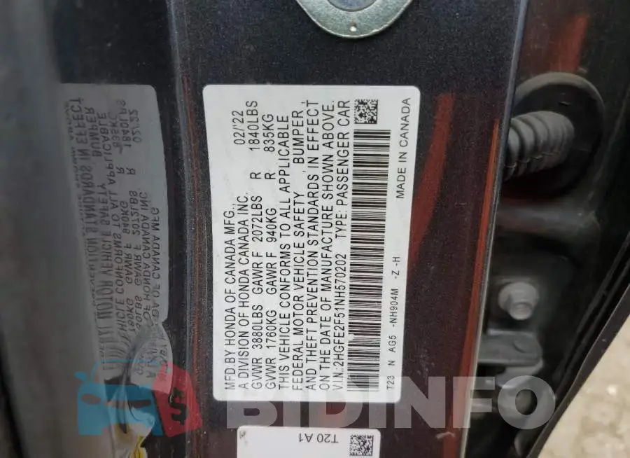 2HGFE2F51NH570202 Photo# 12