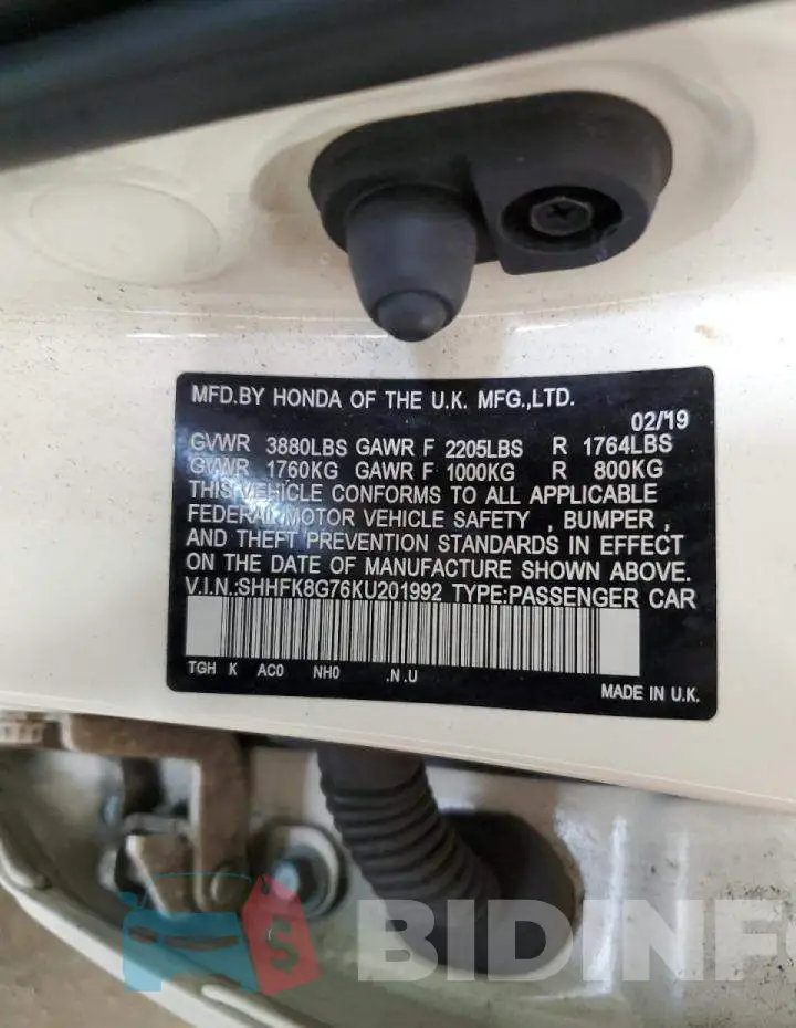 SHHFK8G76KU201992 Photo# 12