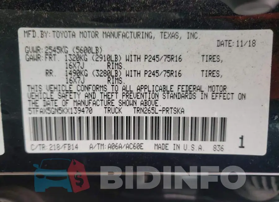 5TFAX5GN5KX139470 Photo# 10