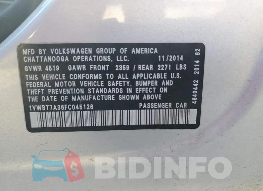 1VWBT7A36FC045126 Photo# 8