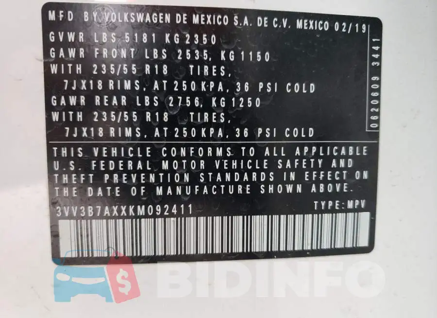 3VV3B7AXXKM092411 Photo# 14