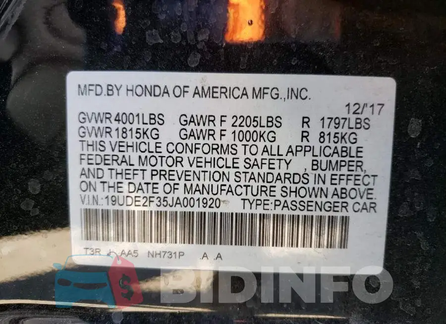 19UDE2F35JA001920 Photo# 12