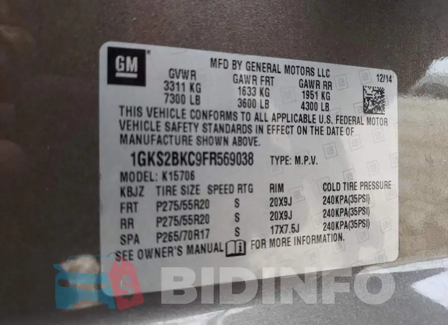 1GKS2BKC9FR569038 Photo# 13