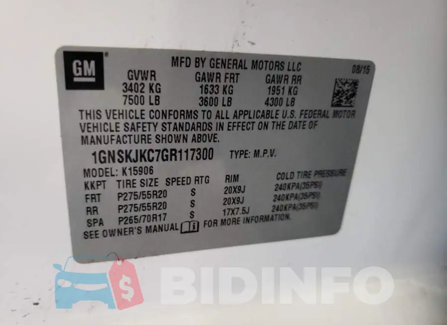 1GNSKJKC7GR117300 Photo# 13