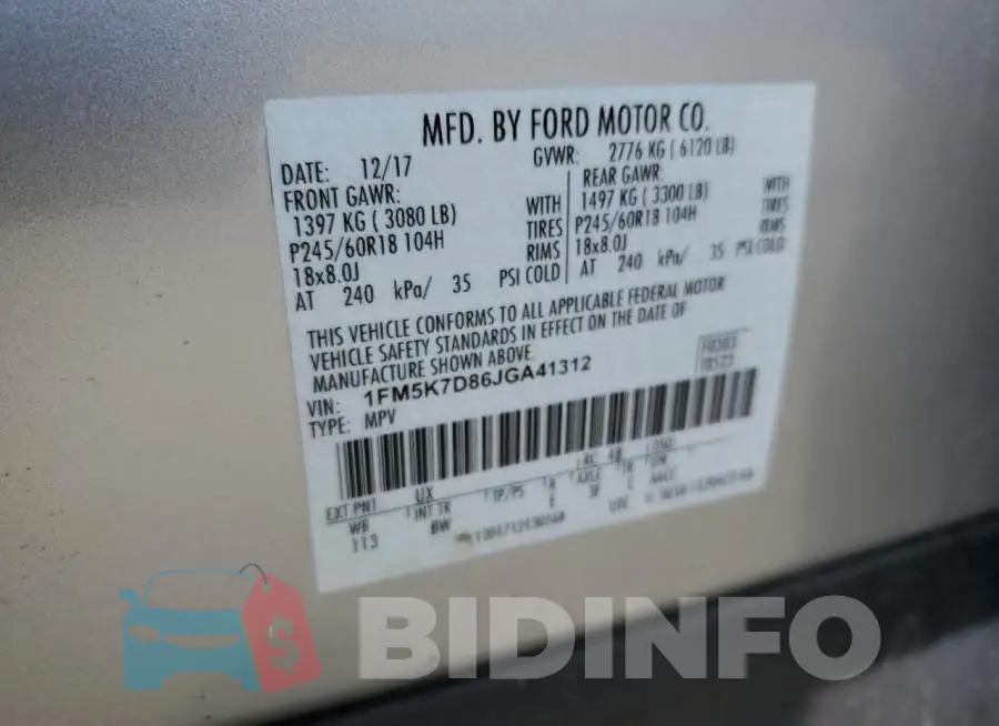1FM5K7D86JGA41312 Photo# 14