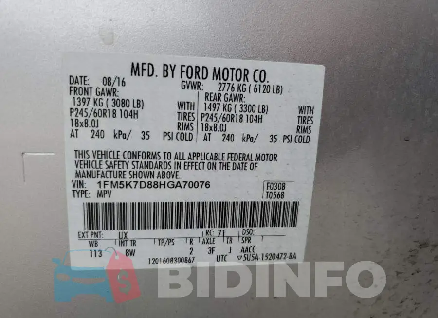 1FM5K7D88HGA70076 Photo# 14