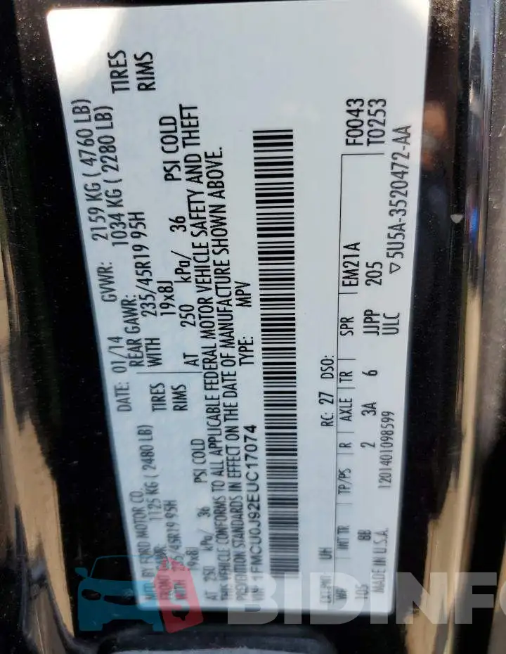 1FMCU0J92EUC17074 Photo# 14
