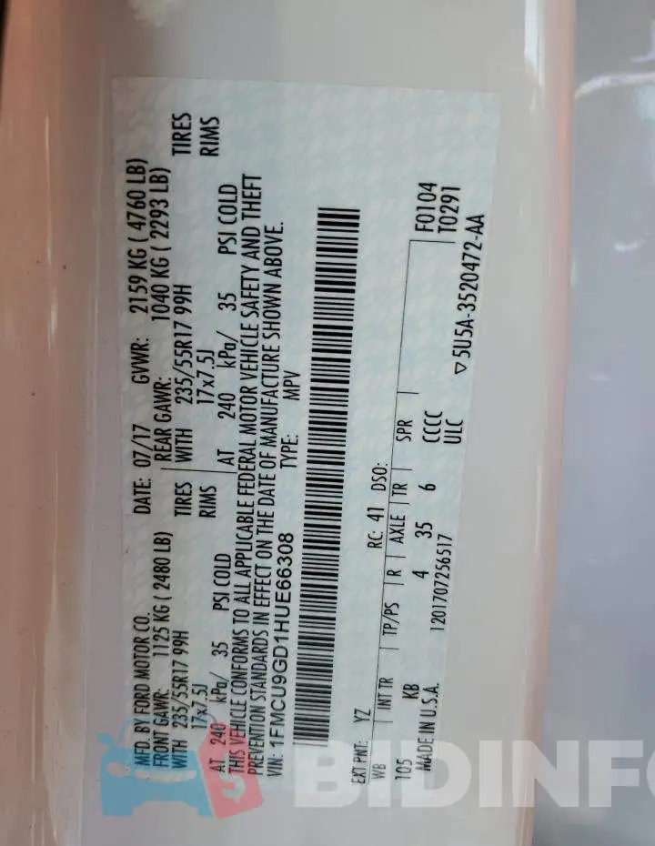 1FMCU9GD1HUE66308 Photo# 12