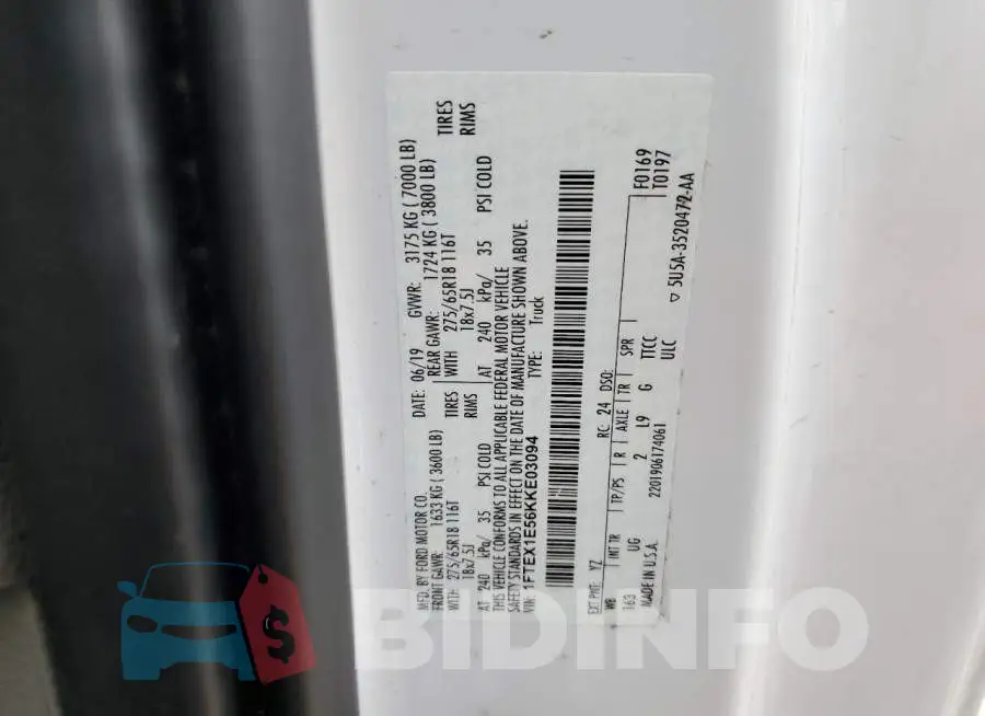 1FTEX1E56KKE03094 Photo# 13