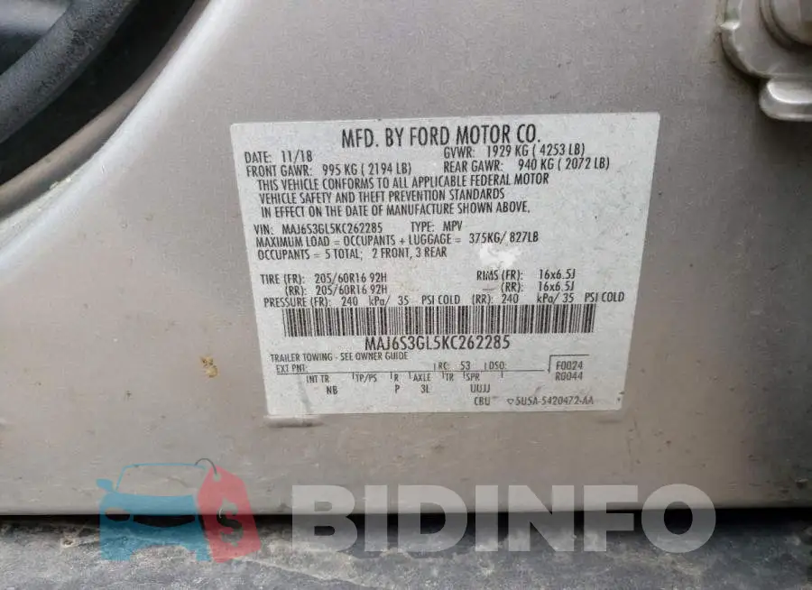MAJ6S3GL5KC262285 Photo# 13