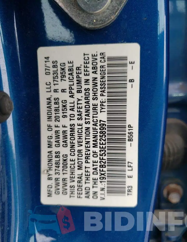19XFB2F53EE258997 Photo# 13