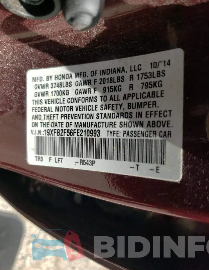 19XFB2F56FE210993 Photo# 12